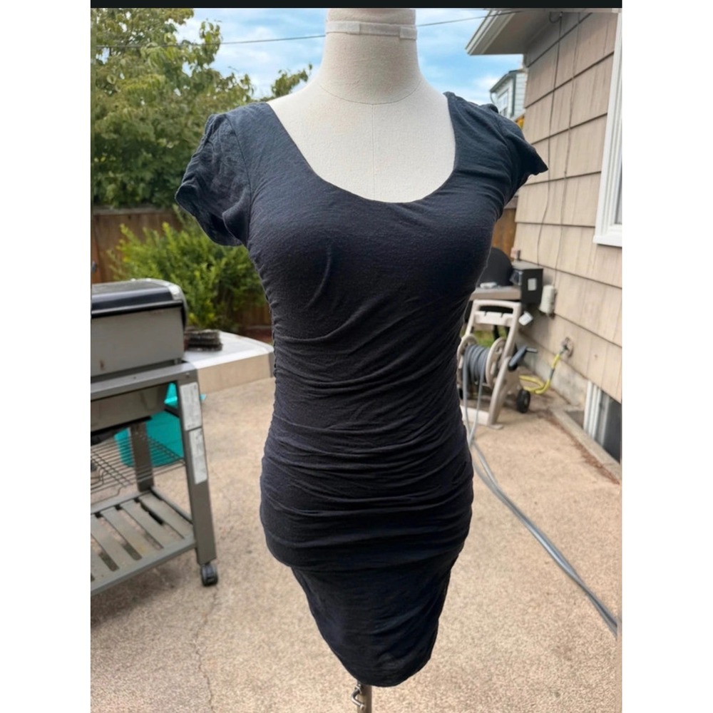 Free People Black Ruched Bodycon Mini Dress Scoop Neck Cap Sleeve XS